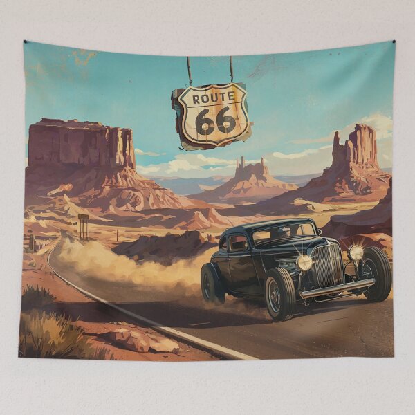 Item preview, 1930s hot rod speeding down Route 66 designed and sold by Random Designs.
