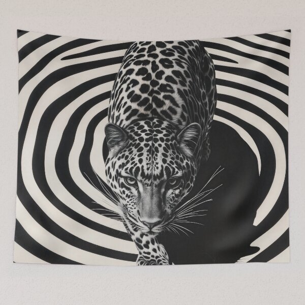 Item preview, Stylized black and white leopard walking on intricate spiral pattern  designed and sold by olenapetol.