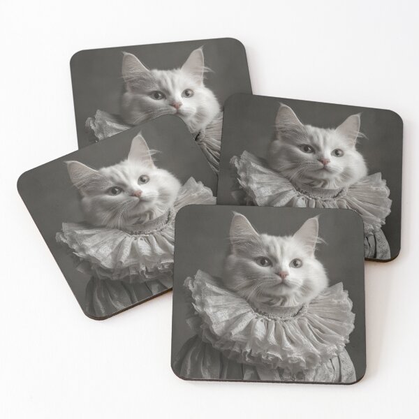Item preview, White cat wearing an elaborate ruffled collar reminiscent of attire from the Renaissance or Baroque period designed and sold by Julia Shepeleva.