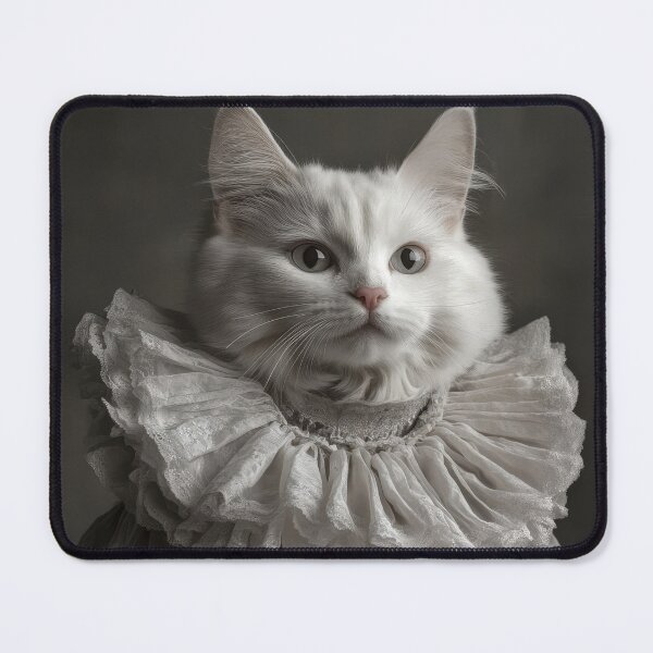 Item preview, White cat wearing an elaborate ruffled collar reminiscent of attire from the Renaissance or Baroque period designed and sold by Julia Shepeleva.