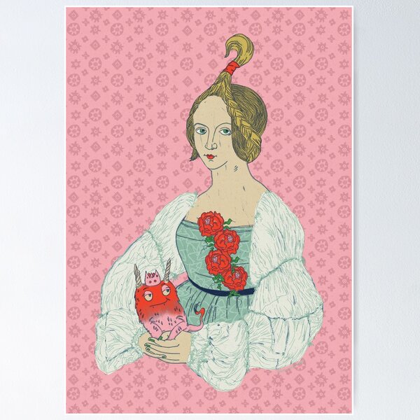 Portrait of a woman with braided hairstyle in a ball gown and plush monster Poster