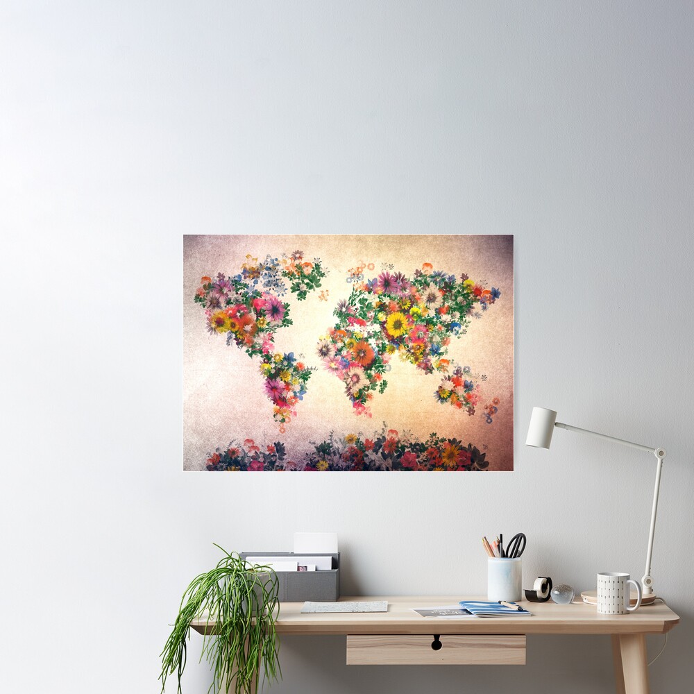 world map floral 4 Poster