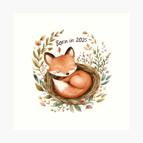 Item preview, Cute Baby Fox in Nest with Born in 2025 Text designed and sold by ArtPetrenko90.