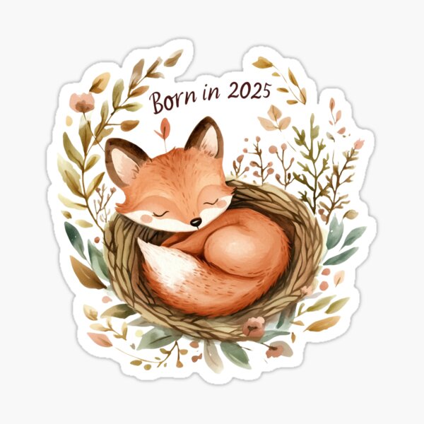 Item preview, Cute Baby Fox in Nest with Born in 2025 Text designed and sold by ArtPetrenko90.