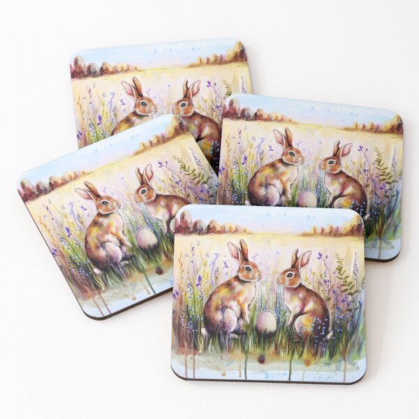 Item preview, Two Brown rabbits bunnies with one blank egg on a purple wildflower field easter aquarelle art designed and sold by EmeraldeaArt.