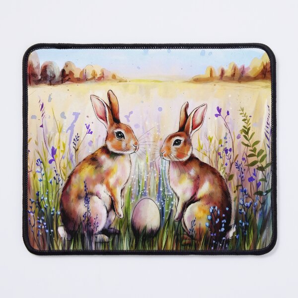 Item preview, Two Brown rabbits bunnies with one blank egg on a purple wildflower field easter aquarelle art designed and sold by EmeraldeaArt.