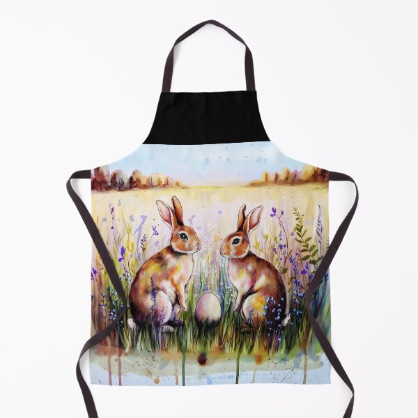 Item preview, Two Brown rabbits bunnies with one blank egg on a purple wildflower field easter aquarelle art designed and sold by EmeraldeaArt.