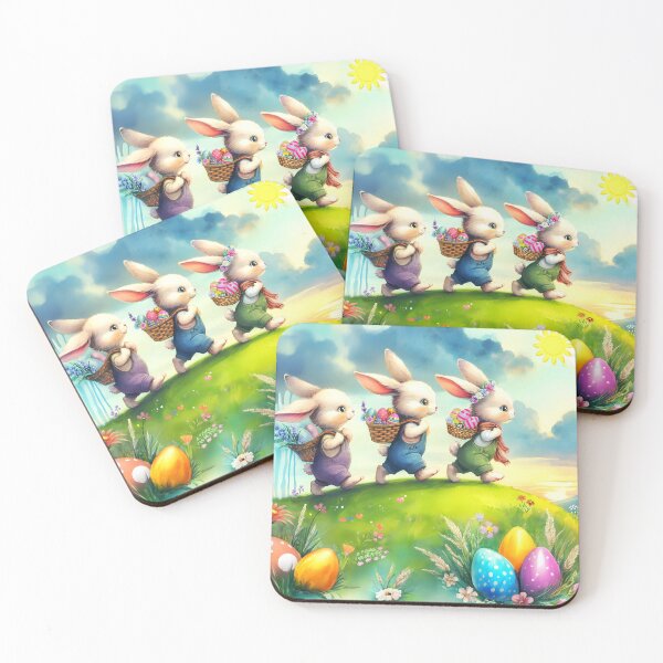 Item preview, Three cute Easter Bunny with baskets on hats on Adventure delivering easter eggs on hills easter eggs in grass watercolour art designed and sold by EmeraldeaArt.
