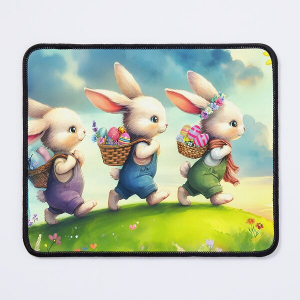 Item preview, Three cute Easter Bunny with baskets on hats on Adventure delivering easter eggs on hills easter eggs in grass watercolour art designed and sold by EmeraldeaArt.