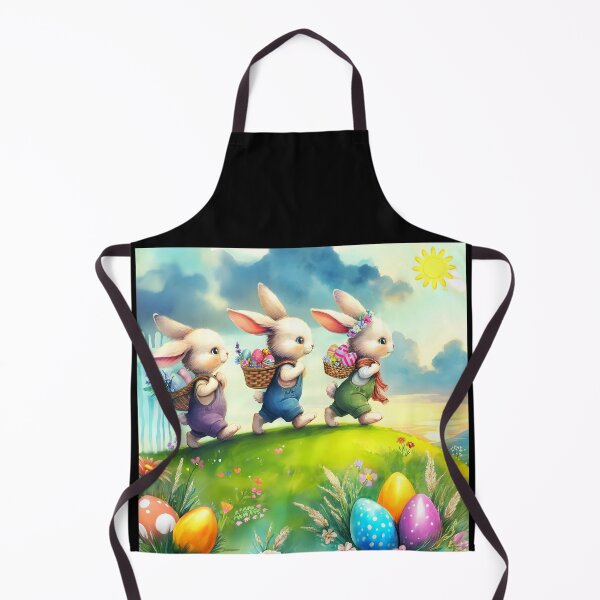 Item preview, Three cute Easter Bunny with baskets on hats on Adventure delivering easter eggs on hills easter eggs in grass watercolour art designed and sold by EmeraldeaArt.
