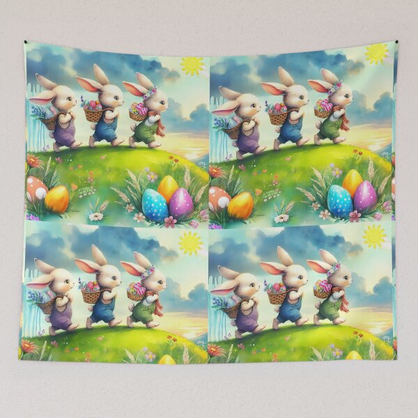 Artikelvorschau, Drei süße Osterhasen mit Körben auf Hüten auf Abenteuer liefern Ostereier auf Hügeln Ostereier im Gras Aquarellkunst entworfen und verkauft von EmeraldeaArt.