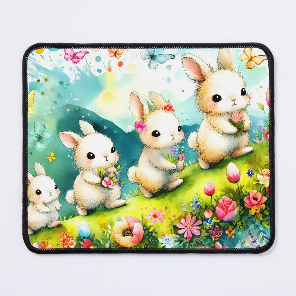 Item preview, Four Cute Easter Bunny walking on hilly spring floral landscape butterflies around watercolor splashy aquarell childrens book illustration designed and sold by EmeraldeaArt.