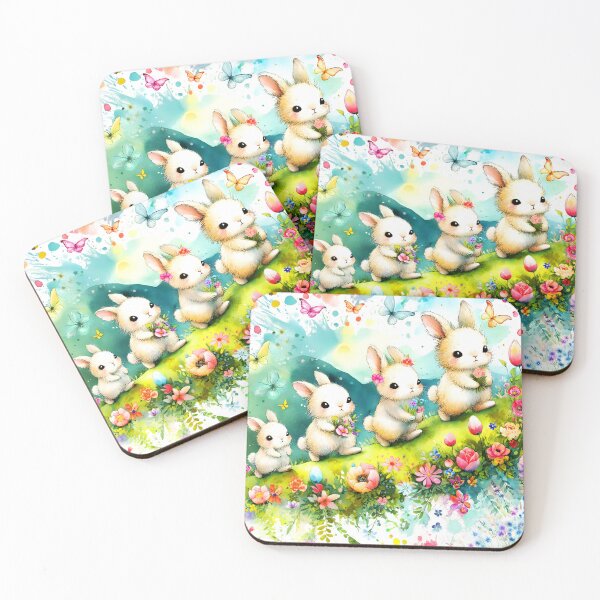 Item preview, Four Cute Easter Bunny walking on hilly spring floral landscape butterflies around watercolor splashy aquarell childrens book illustration designed and sold by EmeraldeaArt.