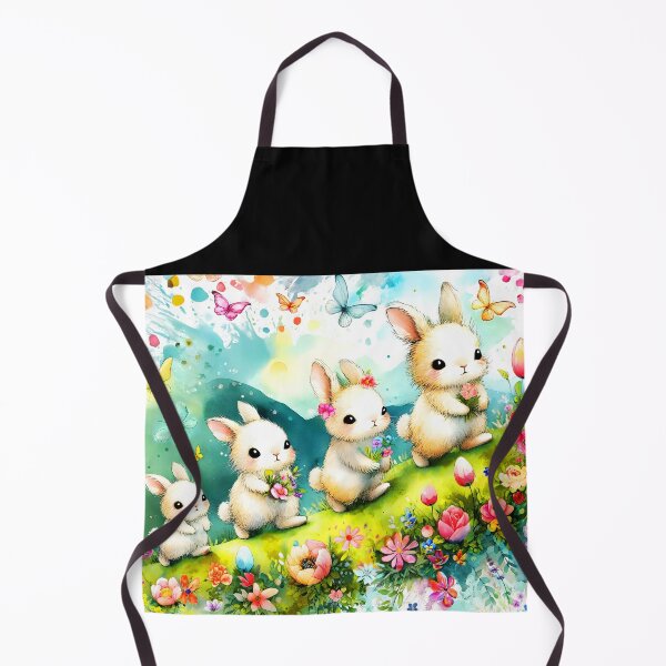 Item preview, Four Cute Easter Bunny walking on hilly spring floral landscape butterflies around watercolor splashy aquarell childrens book illustration designed and sold by EmeraldeaArt.
