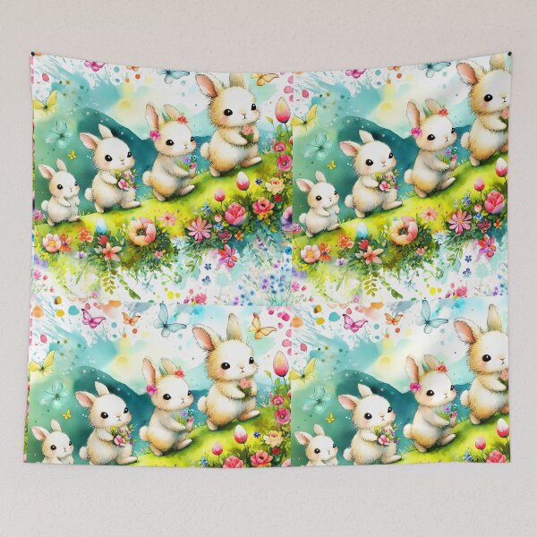 Item preview, Four Cute Easter Bunny walking on hilly spring floral landscape butterflies around watercolor splashy aquarell childrens book illustration designed and sold by EmeraldeaArt.