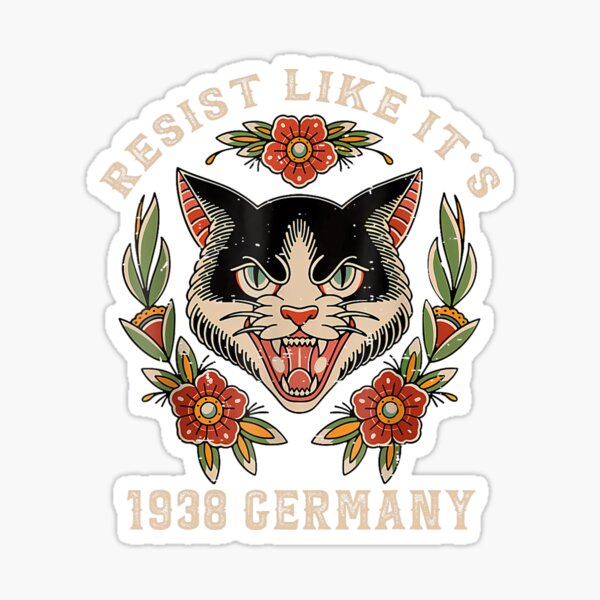 Vista previa del artículo con la obra «Resiste como si fuera Alemania de 1938, gato retro floral», diseñado y vendido por Vincent-Cloud.