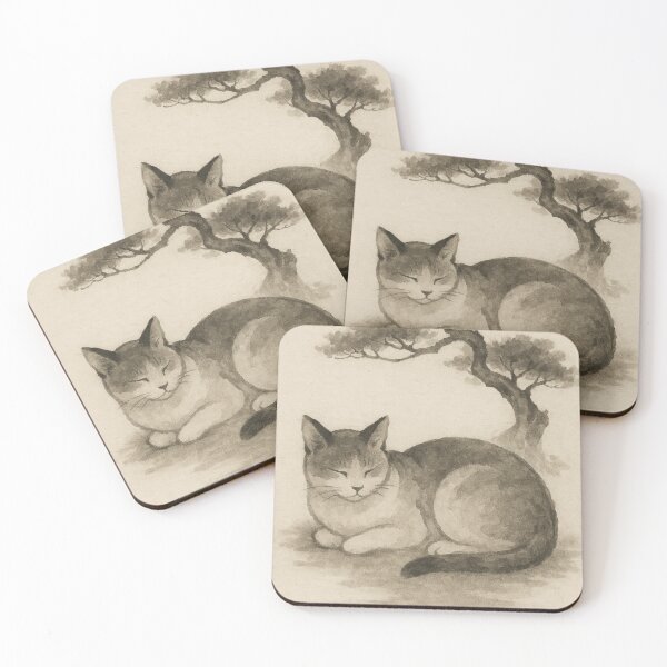 Item preview, Zen Cat Under Bonsai – Japanese Ink Painting designed and sold by LesChatsArt.