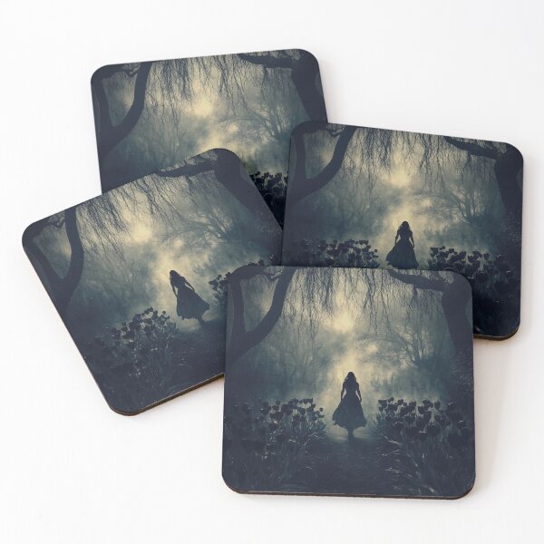 Item preview, Gothic Forest Path – Dark Fantasy Girl in Mist, Enchanted Woods Art Print designed and sold by casauslu.