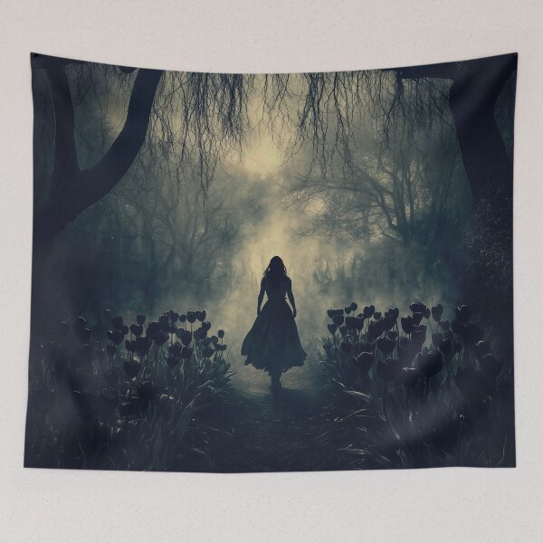 Item preview, Gothic Forest Path – Dark Fantasy Girl in Mist, Enchanted Woods Art Print designed and sold by casauslu.