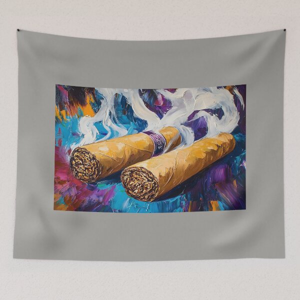 Item preview, Swirling Smoke and Vivid Colors - Two Cigars Amid Dynamic Energy Abstract Digital AI Art designed and sold by OlfactoART Studio.