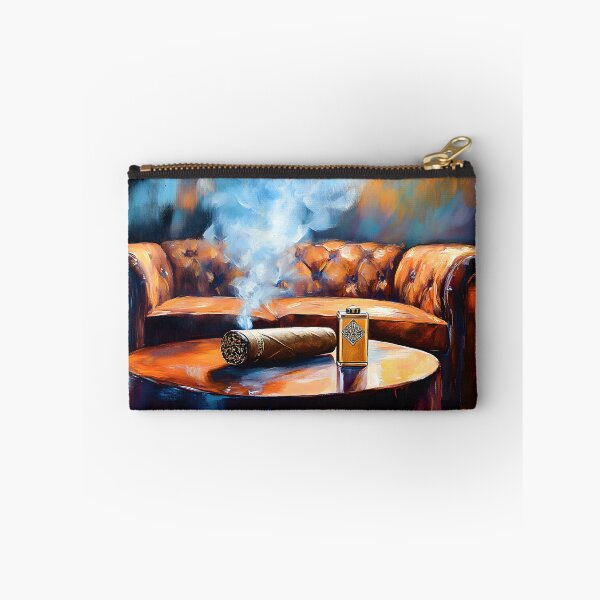 Item preview, Indulge in Luxury - Hand Rolled Cigar, Elegant Lounge Ambiance and Leather Couch Abstract Digital AI Art designed and sold by OlfactoART Studio.