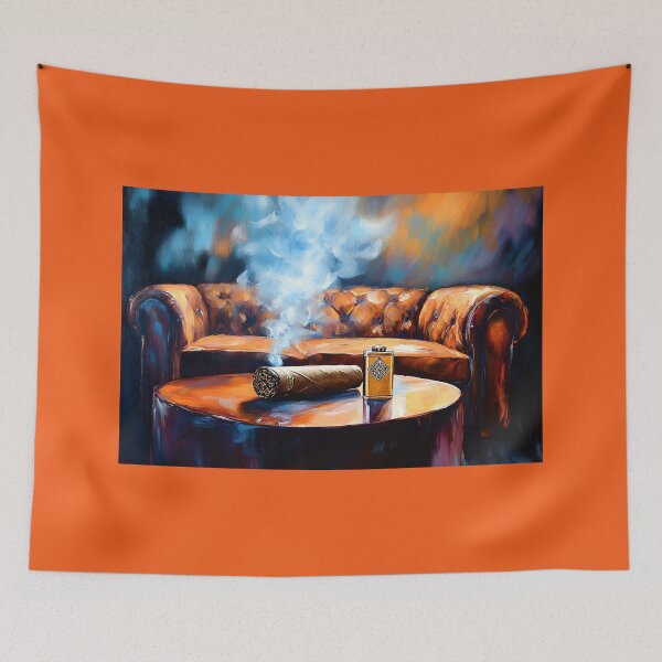 Item preview, Indulge in Luxury - Hand Rolled Cigar, Elegant Lounge Ambiance and Leather Couch Abstract Digital AI Art designed and sold by OlfactoART Studio.