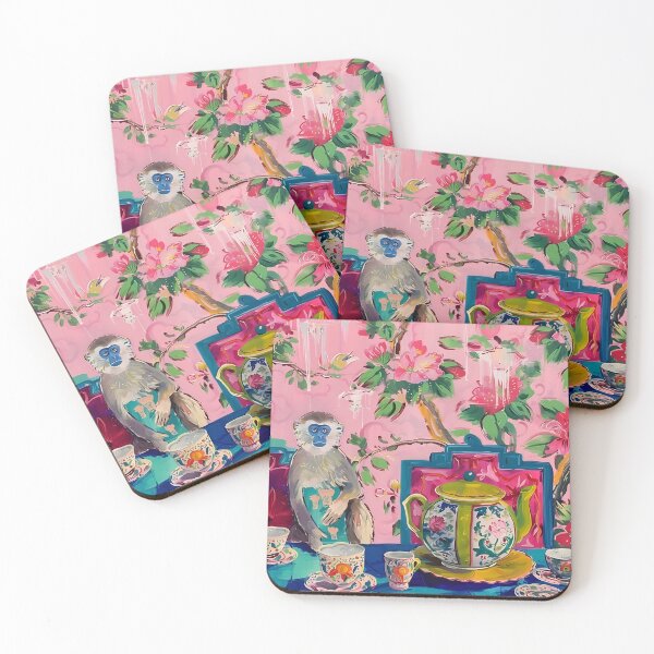 Item preview, Grandmillennial art, Monkey in pink and green chinoiserie interior designed and sold by SophieClimaArt.