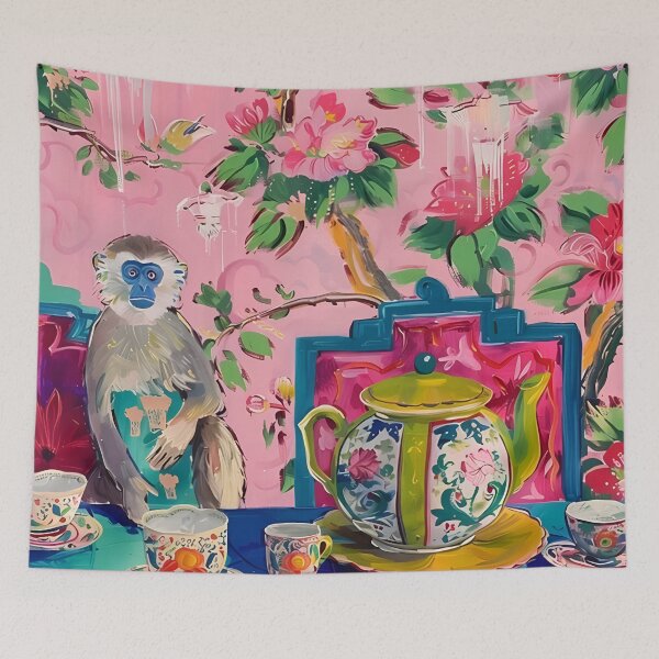 Item preview, Grandmillennial art, Monkey in pink and green chinoiserie interior designed and sold by SophieClimaArt.