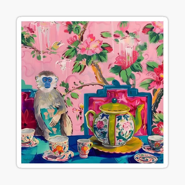 Item preview, Grandmillennial art, Monkey in pink and green chinoiserie interior designed and sold by SophieClimaArt.