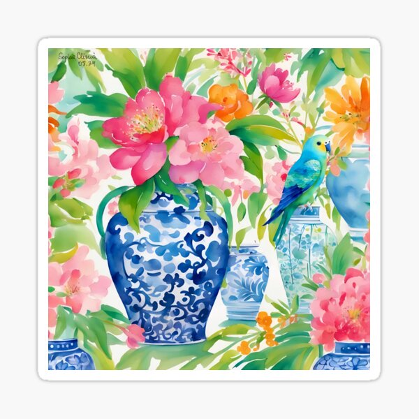 Item preview, Grandmillennial art, Blue budgie and ginger jar designed and sold by SophieClimaArt.