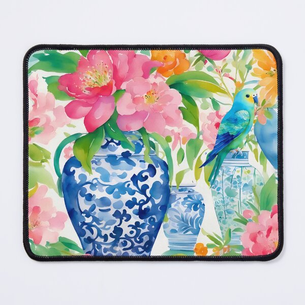 Item preview, Grandmillennial art, Blue budgie and ginger jar designed and sold by SophieClimaArt.