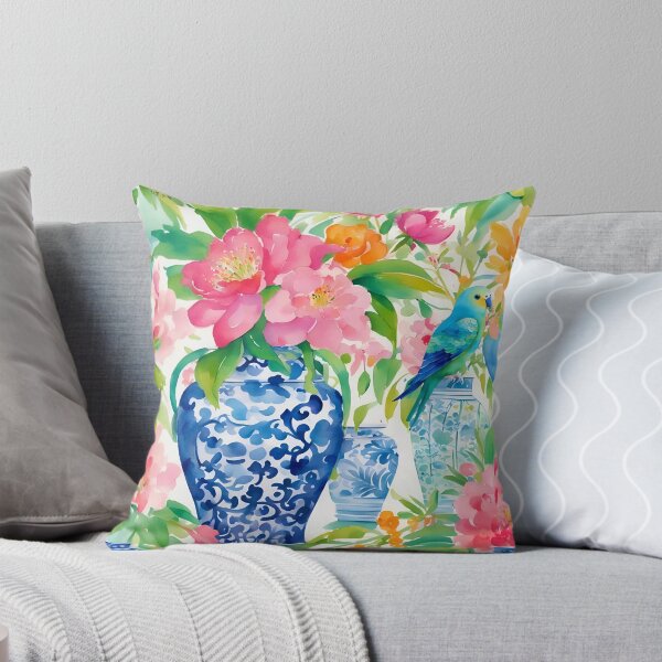 Item preview, Grandmillennial art, Blue budgie and ginger jar designed and sold by SophieClimaArt.