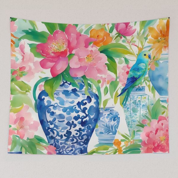 Item preview, Grandmillennial art, Blue budgie and ginger jar designed and sold by SophieClimaArt.