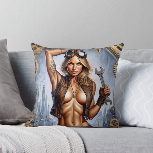 Item preview, Steampunk Girl with gun wearing a leather vest on a detailed industrial background designed and sold by Vintage Designs +.