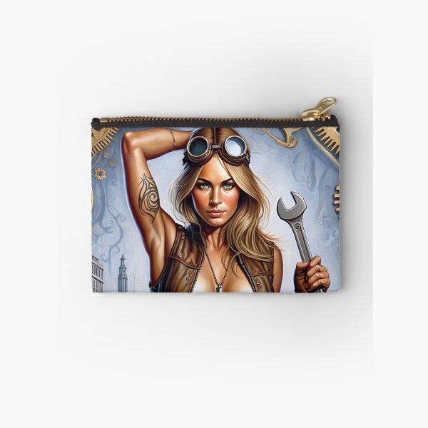 Item preview, Steampunk Girl with gun wearing a leather vest on a detailed industrial background designed and sold by Vintage Designs +.