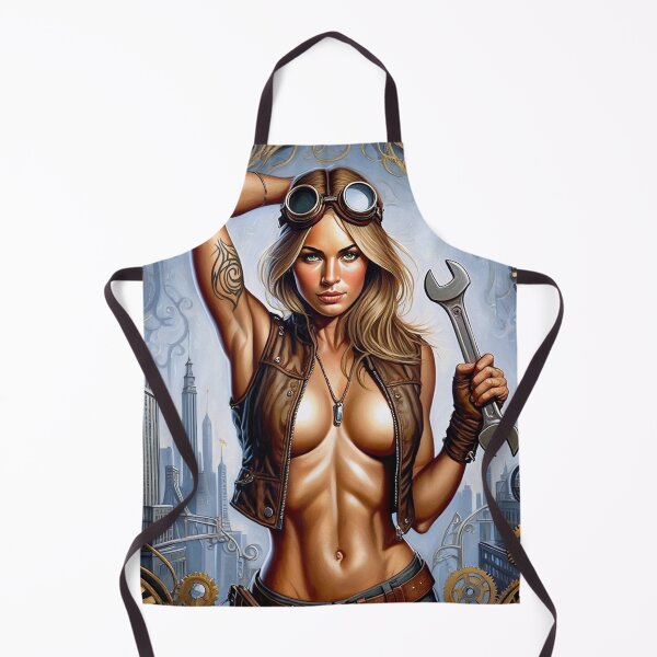 Item preview, Steampunk Girl with gun wearing a leather vest on a detailed industrial background designed and sold by Vintage Designs +.