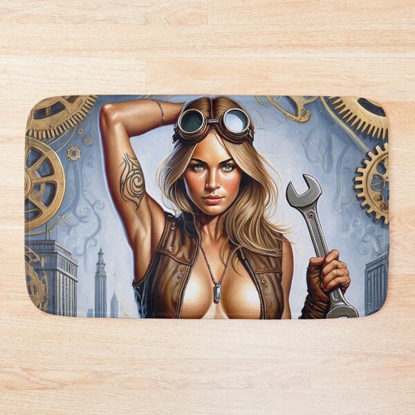 Item preview, Steampunk Girl with gun wearing a leather vest on a detailed industrial background designed and sold by Vintage Designs +.