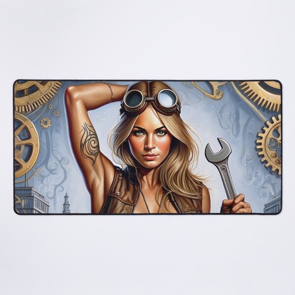 Item preview, Steampunk Girl with gun wearing a leather vest on a detailed industrial background designed and sold by Vintage Designs +.