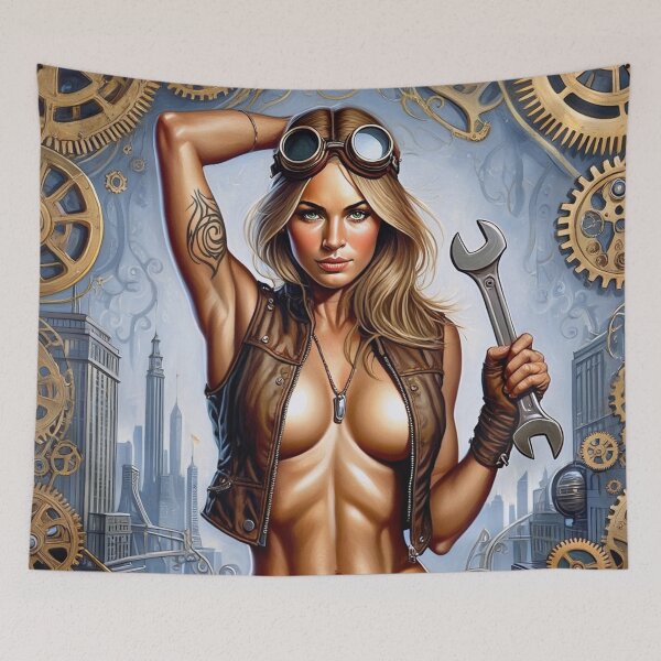 Item preview, Steampunk Girl with gun wearing a leather vest on a detailed industrial background designed and sold by Vintage Designs +.