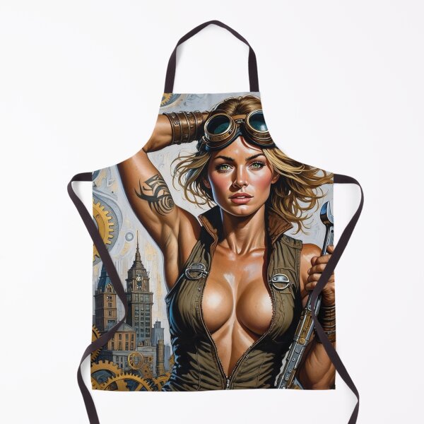 Item preview, Steampunk Girl with gun wearing a leather vest on a detailed industrial background designed and sold by Vintage Designs +.
