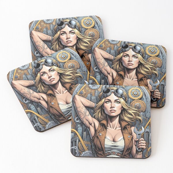Item preview, Steampunk Girl with gun wearing a leather vest on a detailed industrial background designed and sold by Vintage Designs +.