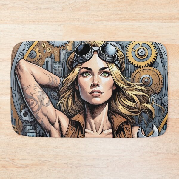 Item preview, Steampunk Girl with gun wearing a leather vest on a detailed industrial background designed and sold by Vintage Designs +.