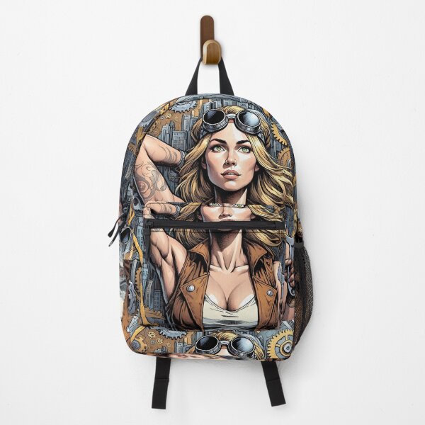 Item preview, Steampunk Girl with gun wearing a leather vest on a detailed industrial background designed and sold by Vintage Designs +.