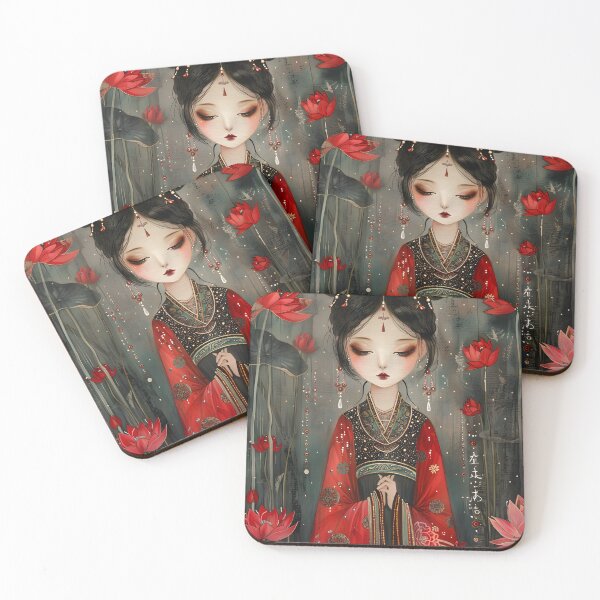 Item preview, Elegant woman in red robe with lotus and ornaments designed and sold by Artessie.