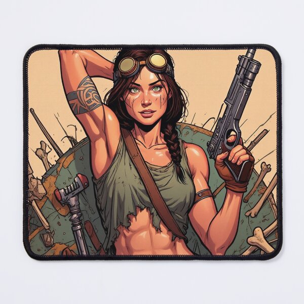 Item preview, Steampunk Girl with gun wearing a leather vest on a detailed industrial background designed and sold by Vintage Designs +.