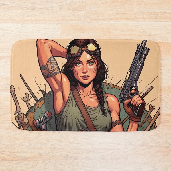 Item preview,  Steampunk Girl with gun wearing a leather vest on a detailed industrial background designed and sold by Vintage Designs +.