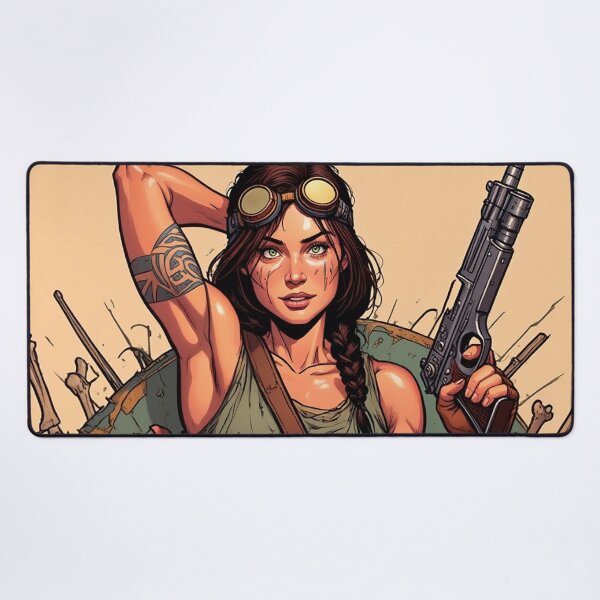 Item preview,  Steampunk Girl with gun wearing a leather vest on a detailed industrial background designed and sold by Vintage Designs +.