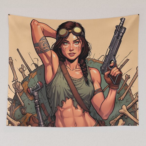 Item preview,  Steampunk Girl with gun wearing a leather vest on a detailed industrial background designed and sold by Vintage Designs +.