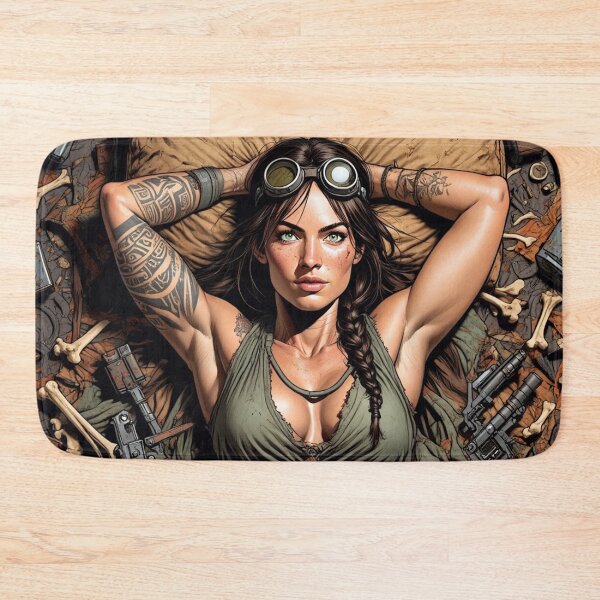 Item preview,  Steampunk Girl lying on bones wearing a leather vest on a detailed industrial background designed and sold by Vintage Designs +.