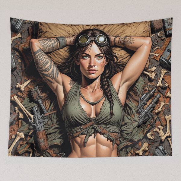 Item preview,  Steampunk Girl lying on bones wearing a leather vest on a detailed industrial background designed and sold by Vintage Designs +.